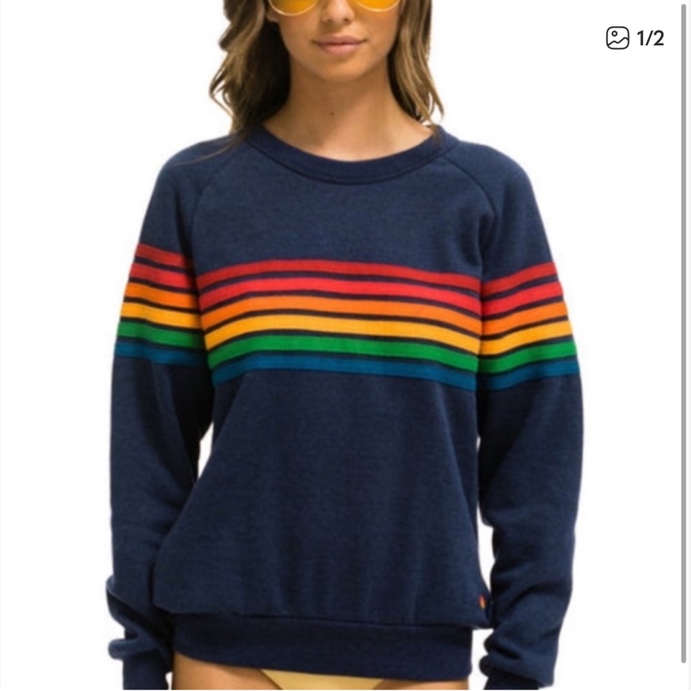 Aviator Nation Dark Blue Crewneck with Rainbow Stripes